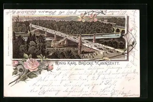 Lithographie Cannstatt, König Karl Brücke aus der Vogelschau