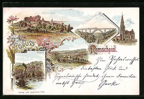 Lithographie Remscheid, Schloss Burg, Kaiser Wilhelm-Brücke, Blick nach Müngsten