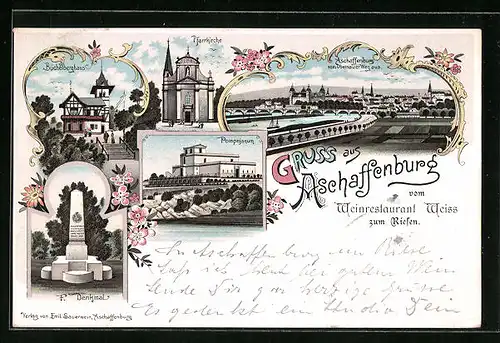 Lithographie Aschaffenburg, Pompejanum, Büchelberghaus, Pfarrkirche