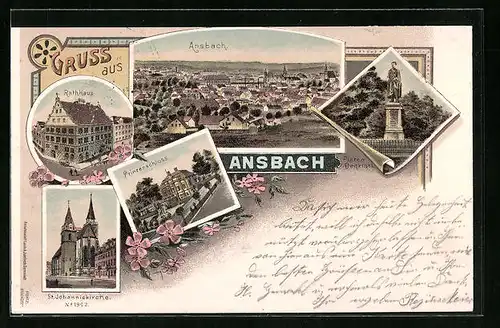 Lithographie Ansbach, Prinzenschloss, Rathaus, Platen-Denkmal