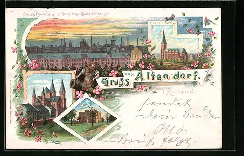 Lithographie Altendorf /Rheindorf, Colonie Cronenberg mit Krupp`scher Fabrik, Rathaus