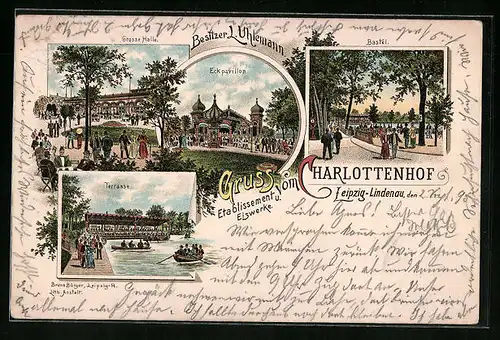 Vorläufer-Lithographie Leipzig-Lindenau, 1895, Restaurant Charlottenhof, Eckpavillon, Bastei