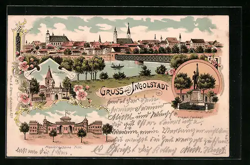 Lithographie Ingolstadt, Pionierkaserne Tilli, Kreuzthor, Panorama