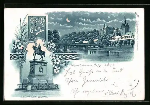 Mondschein-Lithographie Gera, Schloss Osterstein, Kaiser Wilhelm I. Denkmal