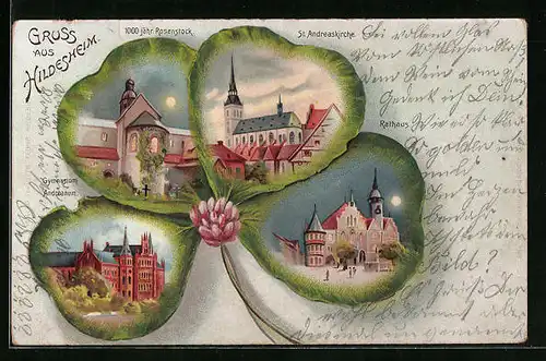 Passepartout-Lithographie Hildesheim, Gymnasium u. Andreanum, Rathaus, Kleeblatt