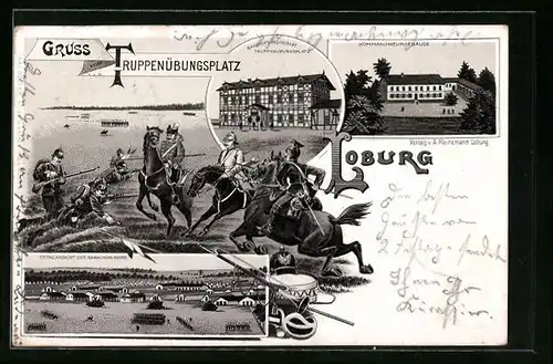 Lithographie Loburg, Truppenübungsplatz, Bahnhofs-Restaurant, Kommandanturgebäude, Totalansicht