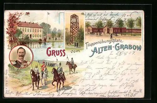 Lithographie Alten-Grabow, Truppenübungsplatz, Baracken, Turm