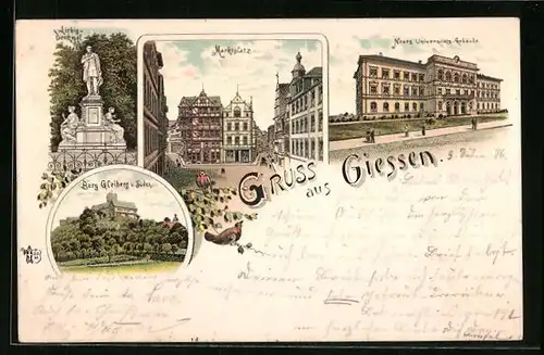 Lithographie Giessen, Neues Universitäts-Gebäude, Marktplatz, Burg Gleiberg