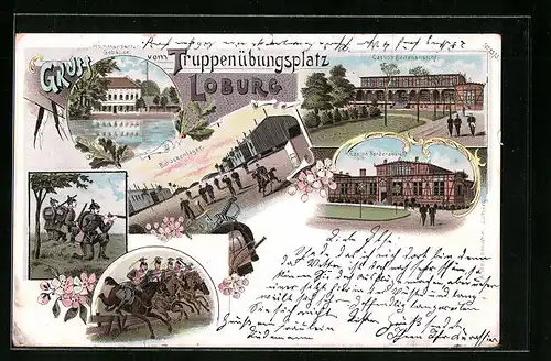 Lithographie Loburg, Truppenübungsplatz, Barackenlager, Casino