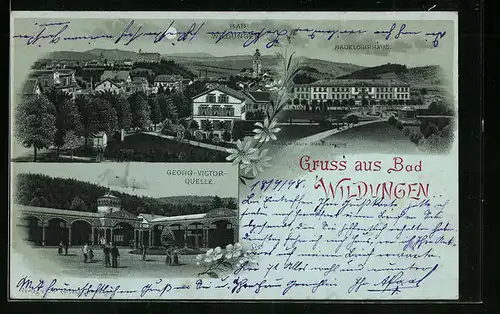 Mondschein-Lithographie Bad Wildungen, Georg-Victor-Quelle, Badelogirhaus, Totalansicht