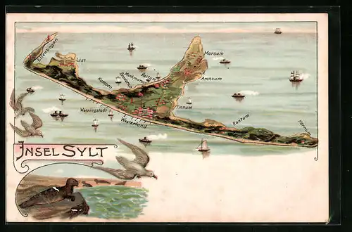 Lithographie Westerland, Totalansicht der Insel Sylt