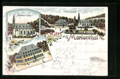 Lithographie Marienthal i. Rhg., Kloster, Wallfahrts-Kirche, Totalansicht