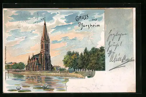 Lithographie Pforzheim, Uferpartie mit Kirche