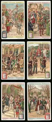 6 Sammelbilder Liebig, Serie Nr. 887: Entwicklung der Männerkleidung, Germanen, Kreuzfahrer, Juden, Bologna