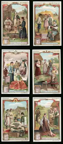 6 Sammelbilder Liebig, Serie Nr. 848: Russische Volkstrachten, St. Petersburg, Kasan, Woronesch