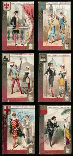 6 Sammelbilder Liebig, Serie Nr. 311: Maskenbilder IV., Caviello, Rugantino, Cap. Spaventa