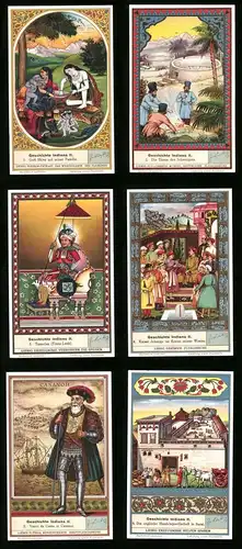 6 Sammelbilder Liebig, Serie Nr. 1400: Geschichte Indiens II., Vasco da Gama, Tamerlan, Shiva, Ganesha