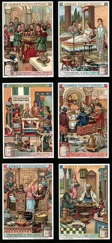 6 Sammelbilder Liebig, Serie Nr. 975: Speisegeräte in alten Zeiten, Araber, Griechen, Skandinavien, Byzantiner