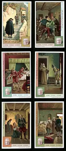 6 Sammelbilder Liebig, Serie Nr. 1181: Die Verlobten, A. Manzoni, Mönch, Don Abbondio, Don Rodrigos