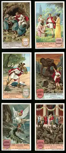6 Sammelbilder Liebig, Serie Nr. 1199: Perseus, Andromeda, Medusa, Atlas, Nymphen