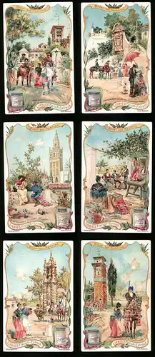 6 Sammelbilder Liebig, Serie Nr. 840: Bilder aus Spanien, La Giralda, Toledobrücke, Malaga