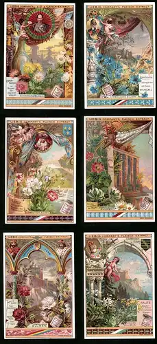 6 Sammelbilder Liebig, Serie Nr. 379: Symbolische Blumen, Raute, Rose, Lotus, Lilie
