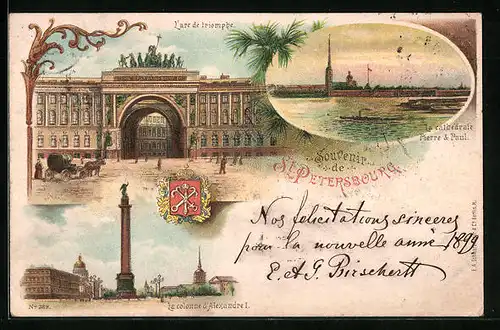 Lithographie St. Petersbourg, L`arc de triomphe, La cathédrale Pierre & Paul, La colonne d`Alexandre I.