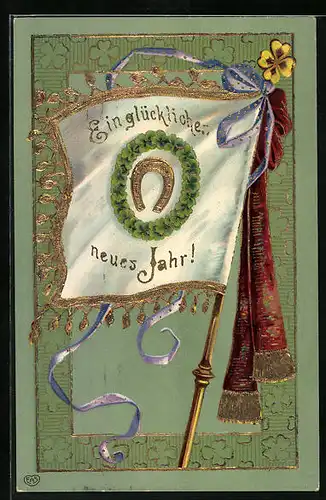 AK Fahne mit Hufeisen und Kleeblatt-Kranz
