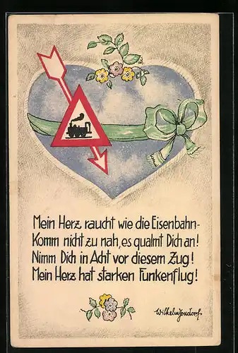 AK Verschlossenes Herz mit Eisenbahn-Schild