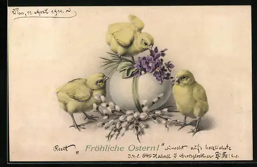 AK Osterküken mit Ei und Blumen