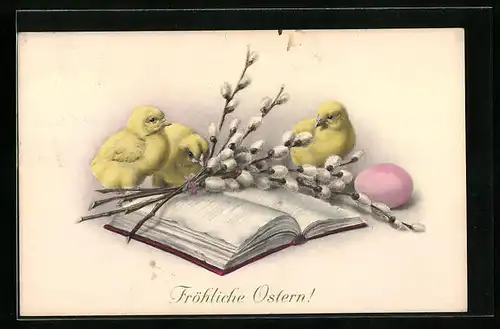 AK Osterküken auf Buch mit Weidenkätzchen