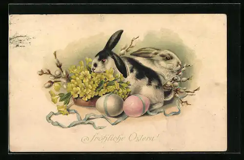 AK Osterhasen mit gelben Blumen