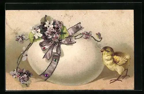 Präge-AK Osterküken neben grossem Ei