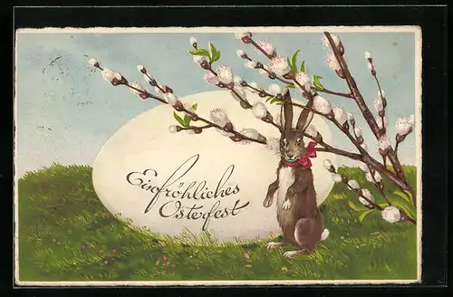AK Osterhase mit Weidenkätzchen und grossem Ei