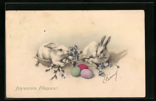 AK Weisse Osterhasen knabbern an Weidenkätzchen