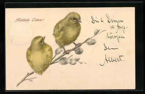 AK Osterküken sitzen auf Weidenkätzchen-Ast