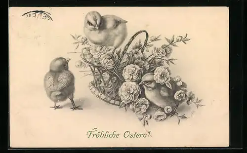 AK Osterküken am Blumenkorb