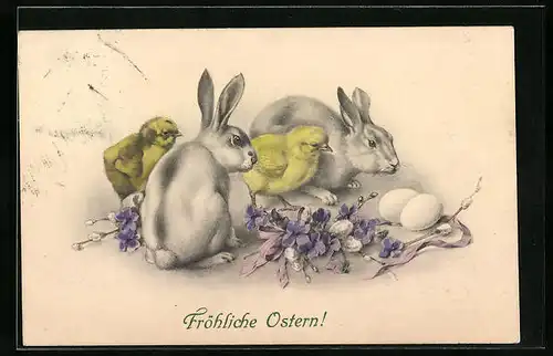 AK Osterhasen und Osterküken mit Veilchen