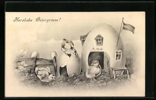 AK Osterküken im Eier-Haus