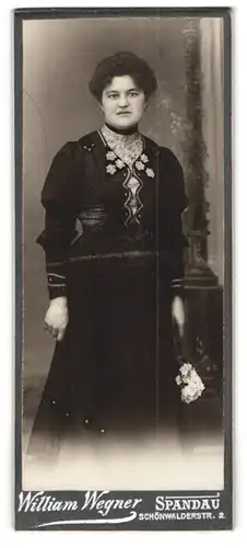 Fotografie William Wegner, Spandau, Schönwalderstr. 2, Frau im dunklen Kleid mit weissen Bestickungen