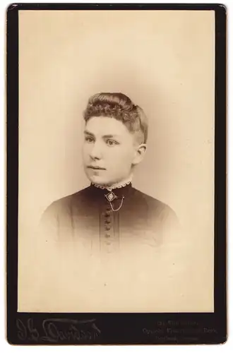 Fotografie J. G. Davidson, Portland OR, 125. First Street, Junge Dame mit Hochsteckfrisur und Brosche am Kragen