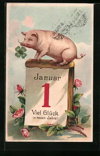 Präge-AK Schwein mit Kleeblatt auf Kalenderblatt - Neujahrsgruss