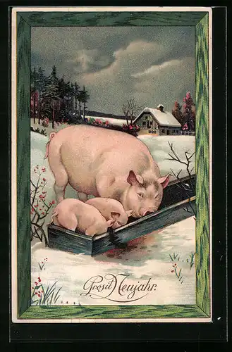 Künstler-AK Schwein und zwei Ferkel an Futtertrog im Schnee - Neujahrsgruss