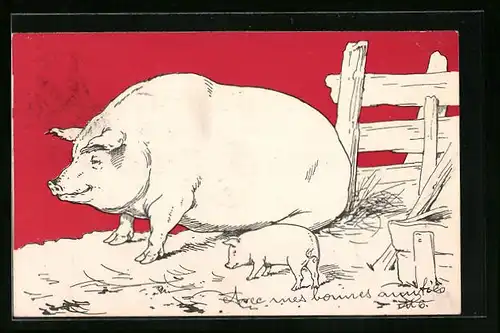 Künstler-AK Schwein mit Ferkel - Neujahrsgruss