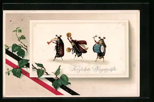 Künstler-AK Musizierende Maikäfer mit Banderole in deutschen Nationalfarben