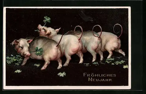 Künstler-AK Vier Glücksschweine mit vierblättrigem Klee - Neujahrsgruss