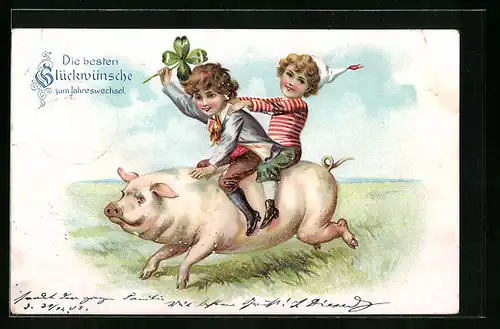 Künstler-AK Zwei Kinder reiten auf einem Schwein - Neujahrsgruss
