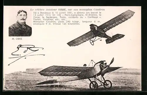 AK Le cél`bre Aviateur M. Obre, sur son monoplan Caudron