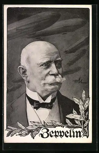 Künstler-AK Ferdinand Graf von Zeppelin im Portrait, Lorbeer