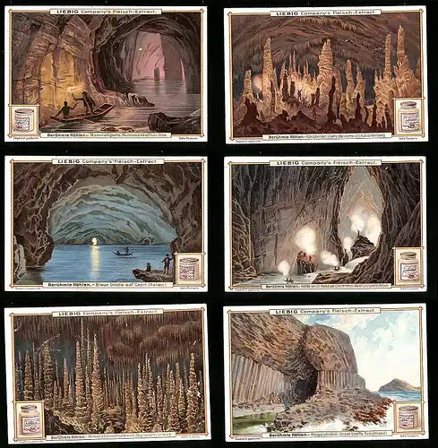 6 Sammelbilder Liebig, Serie Nr. 633: Berühmte Höhlen, Blaue Grotte a. Capri, St. Kanzian, Fingalshöhle